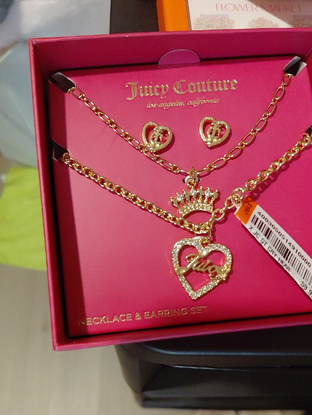 Juicy Couture Gold-Tone Heart, Crown & Logo Necklace Set with Heart Studs